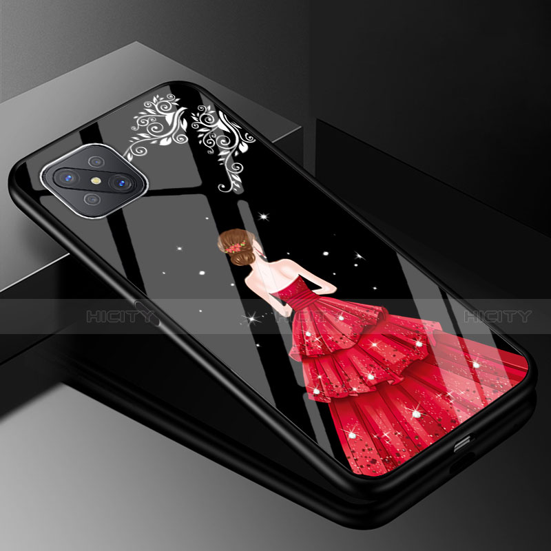 Coque Contour Silicone et Vitre Dos de Fille Miroir Etui Housse pour Oppo Reno4 Z 5G Rouge et Noir Plus