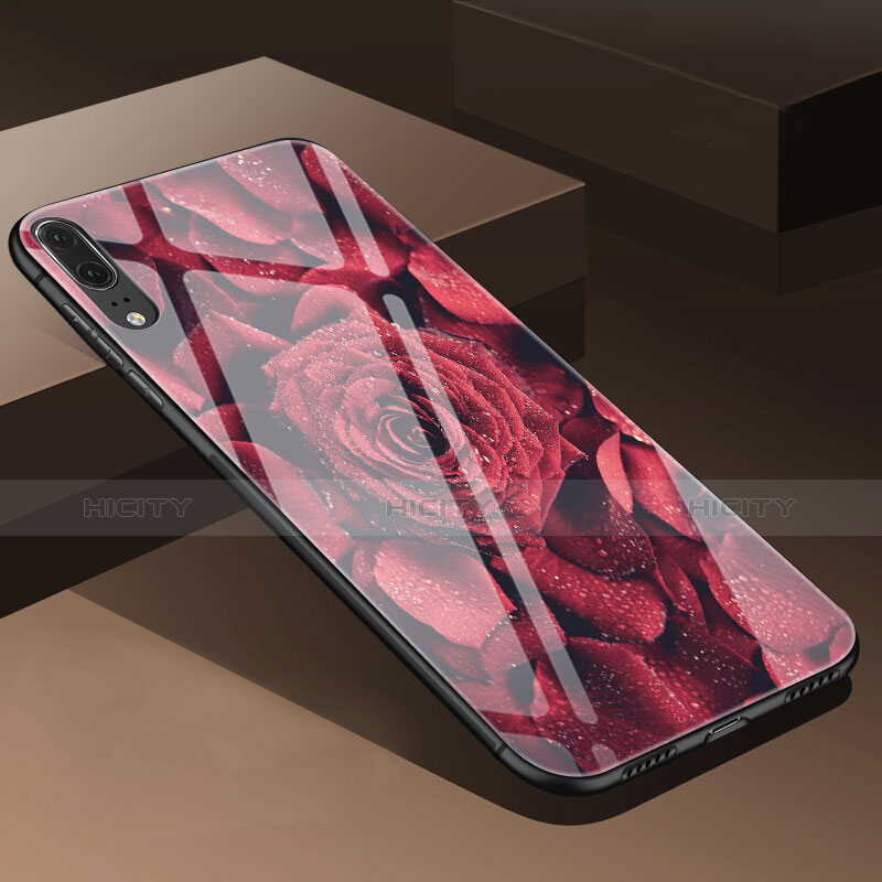 Coque Contour Silicone et Vitre Fleurs Miroir Etui Housse P01 pour Huawei P20 Rouge Plus