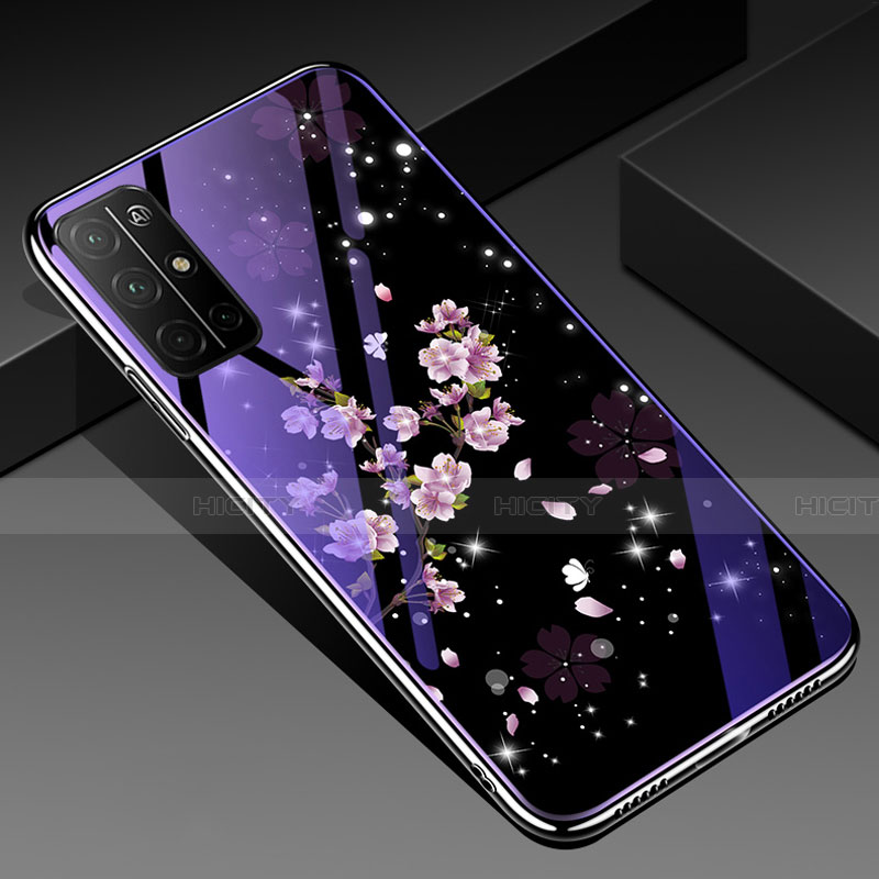 Coque Contour Silicone et Vitre Fleurs Miroir Etui Housse pour Huawei Honor 30S Violet Plus