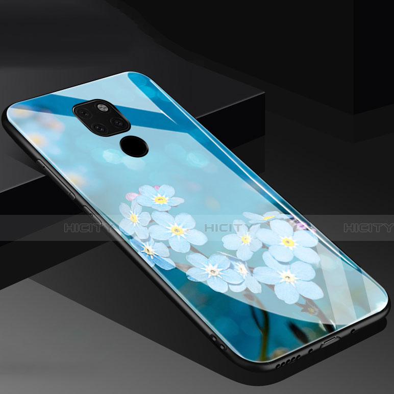 Coque Contour Silicone et Vitre Fleurs Miroir Etui Housse pour Huawei Mate 20 Bleu Plus