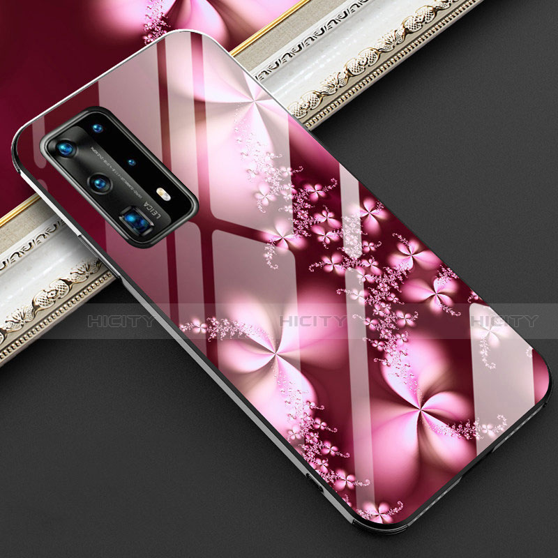 Coque Contour Silicone et Vitre Fleurs Miroir Etui Housse pour Huawei P40 Pro+ Plus Rouge Plus