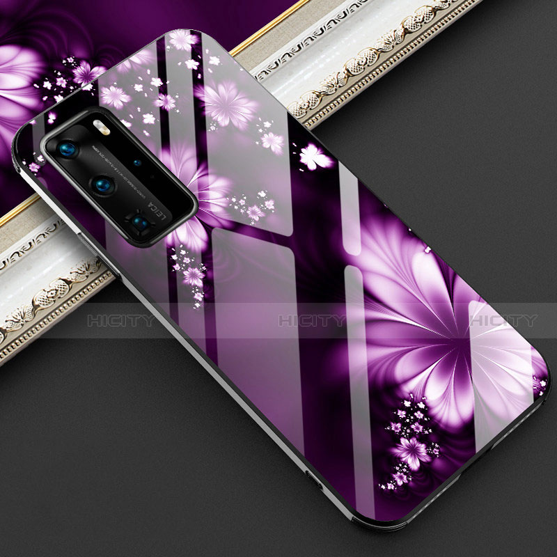 Coque Contour Silicone et Vitre Fleurs Miroir Etui Housse pour Huawei P40 Pro Violet Plus