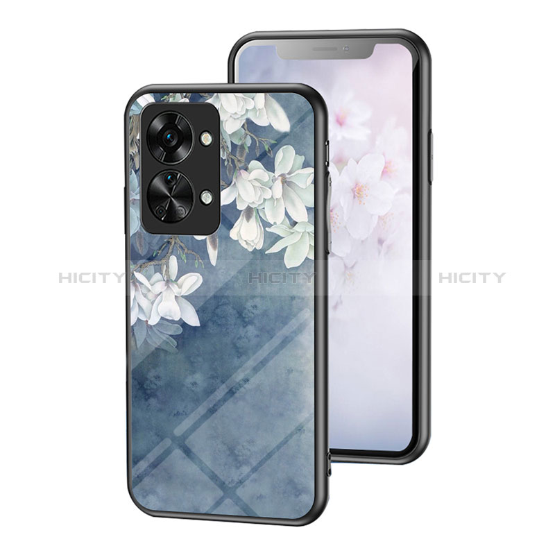 Coque Contour Silicone et Vitre Fleurs Miroir Etui Housse pour OnePlus Nord 2T 5G Bleu Plus