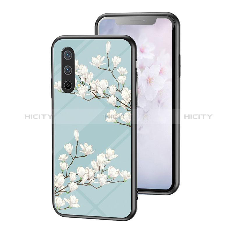 Coque Contour Silicone et Vitre Fleurs Miroir Etui Housse pour OnePlus Nord CE 5G Cyan Plus