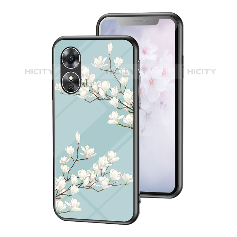 Coque Contour Silicone et Vitre Fleurs Miroir Etui Housse pour Oppo A17 Cyan Plus