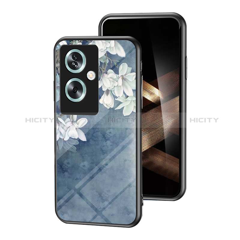 Coque Contour Silicone et Vitre Fleurs Miroir Etui Housse pour Oppo A79 5G Bleu Plus