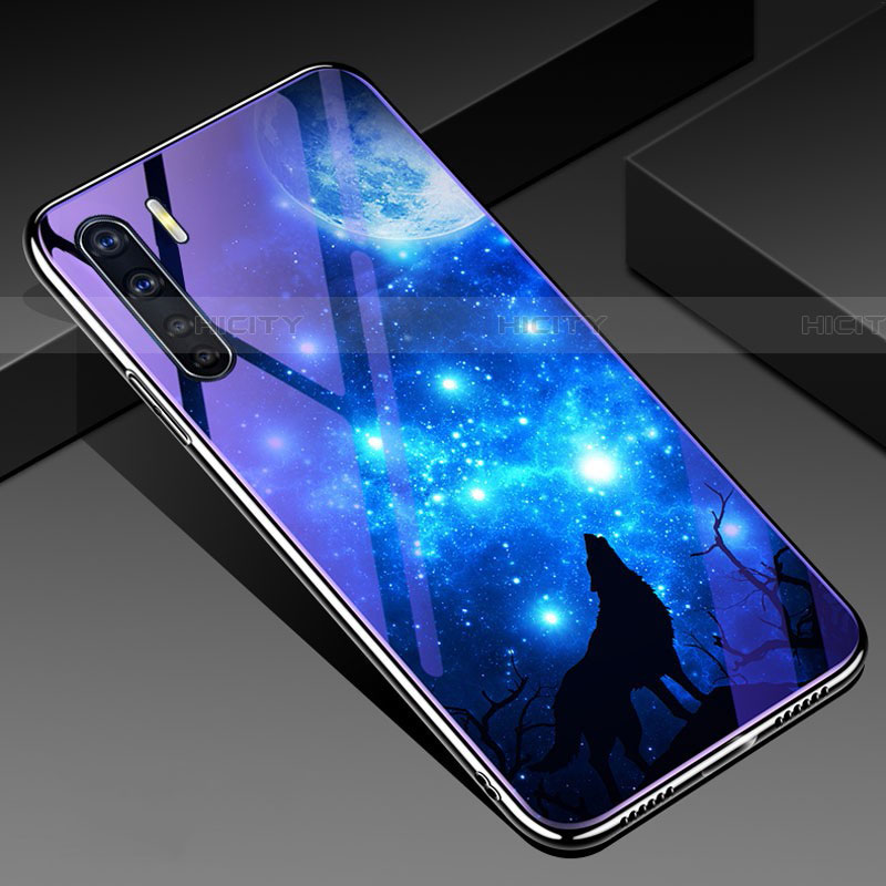 Coque Contour Silicone et Vitre Fleurs Miroir Etui Housse pour Oppo A91 Bleu Plus