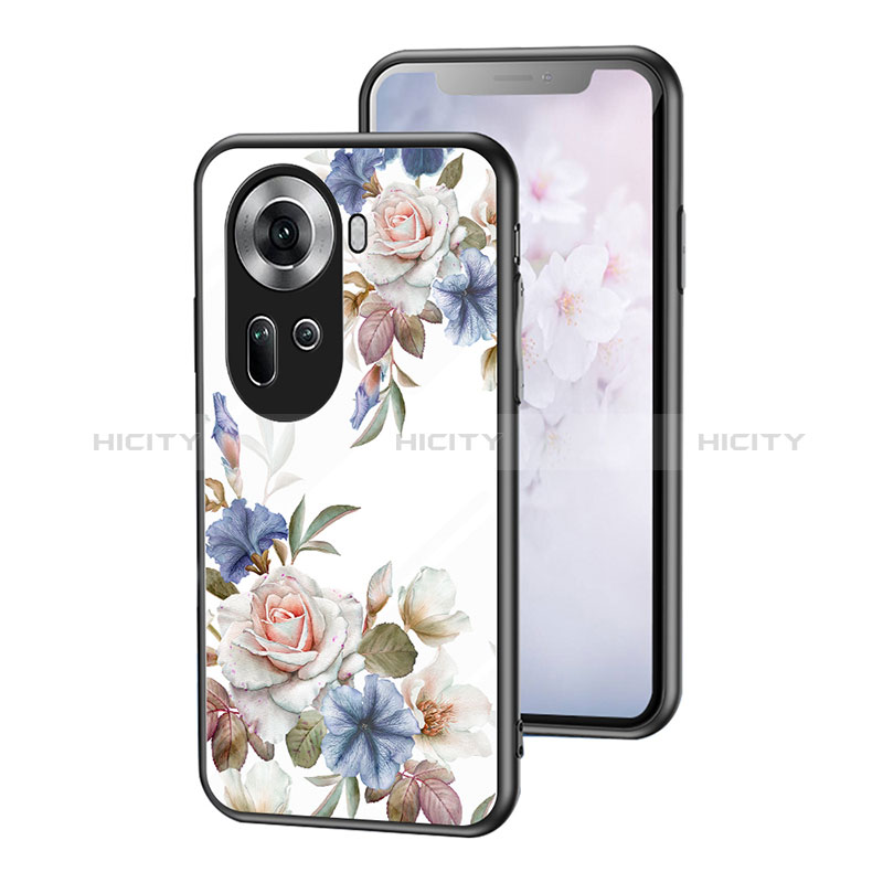 Coque Contour Silicone et Vitre Fleurs Miroir Etui Housse pour Oppo Reno11 5G Blanc Plus