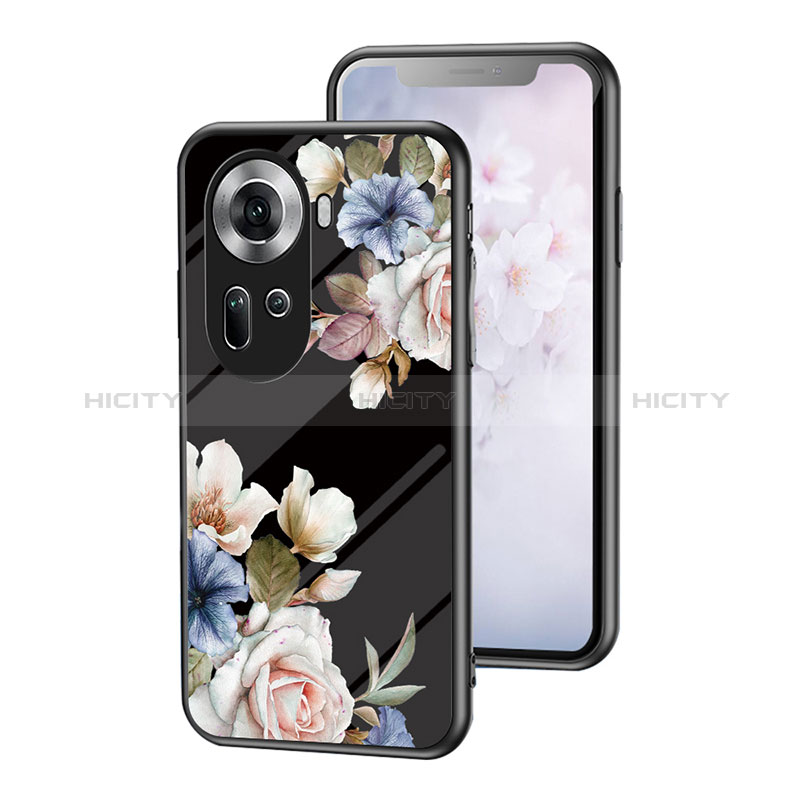 Coque Contour Silicone et Vitre Fleurs Miroir Etui Housse pour Oppo Reno11 5G Noir Plus