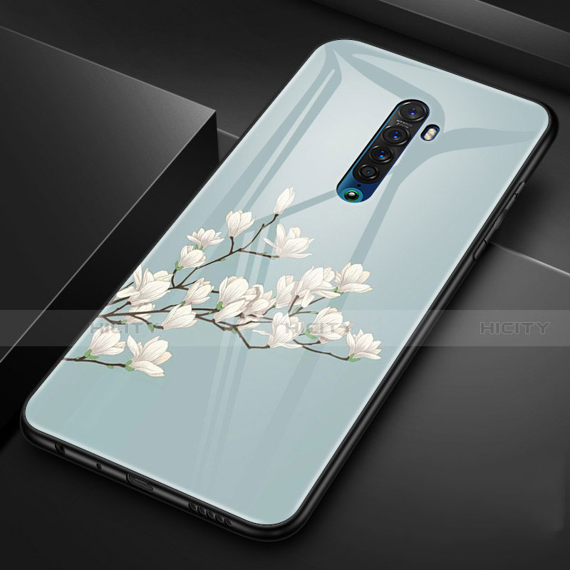 Coque Contour Silicone et Vitre Fleurs Miroir Etui Housse pour Oppo Reno2 Cyan Plus