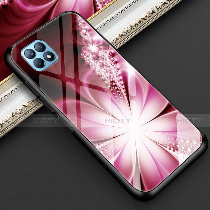 Coque Contour Silicone et Vitre Fleurs Miroir Etui Housse pour Oppo Reno4 SE 5G Rose Plus