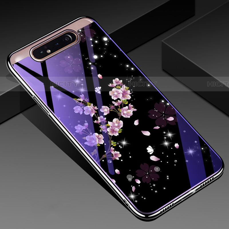 Coque Contour Silicone et Vitre Fleurs Miroir Etui Housse pour Samsung Galaxy A80 Mixte Plus