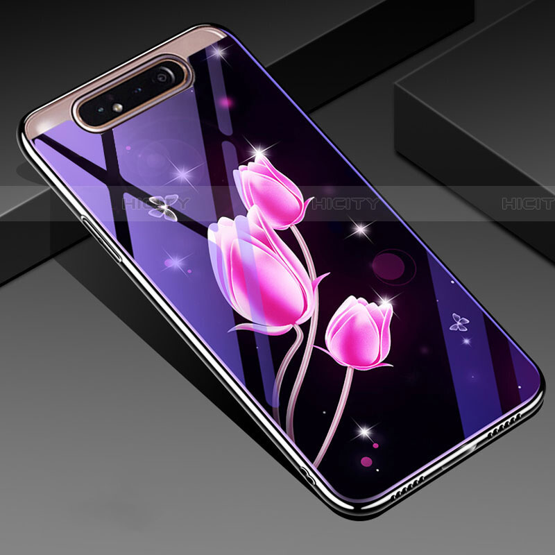 Coque Contour Silicone et Vitre Fleurs Miroir Etui Housse pour Samsung Galaxy A80 Plus