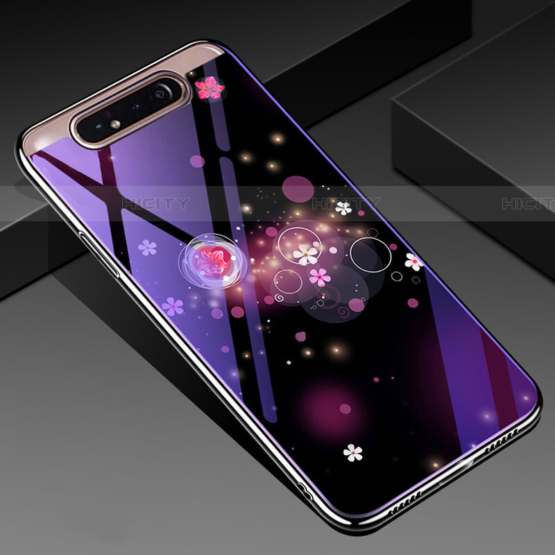 Coque Contour Silicone et Vitre Fleurs Miroir Etui Housse pour Samsung Galaxy A80 Violet Plus