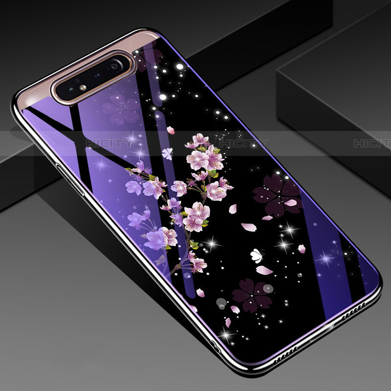 Coque Contour Silicone et Vitre Fleurs Miroir Etui Housse pour Samsung Galaxy A90 4G Plus