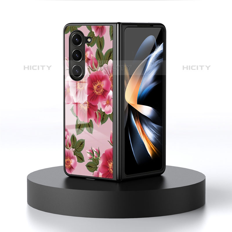 Coque Contour Silicone et Vitre Fleurs Miroir Etui Housse pour Samsung Galaxy Z Fold5 5G Plus