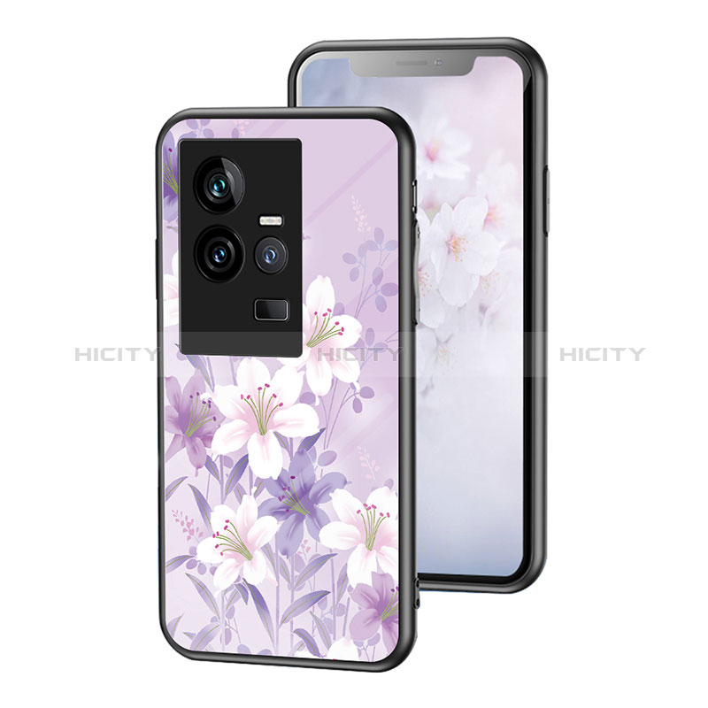 Coque Contour Silicone et Vitre Fleurs Miroir Etui Housse pour Vivo iQOO 11 5G Violet Clair Plus