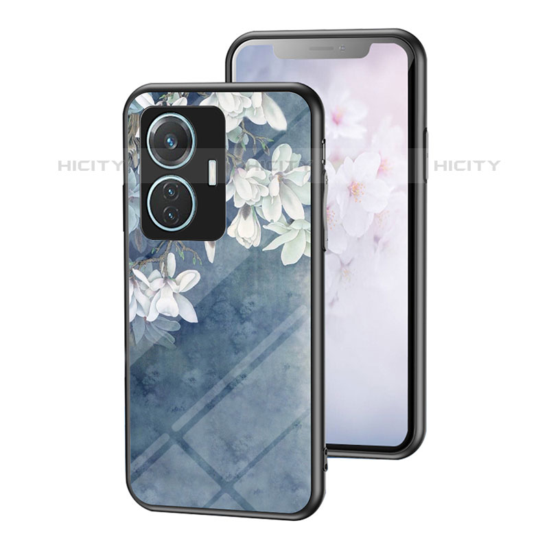 Coque Contour Silicone et Vitre Fleurs Miroir Etui Housse pour Vivo T1 4G Bleu Plus