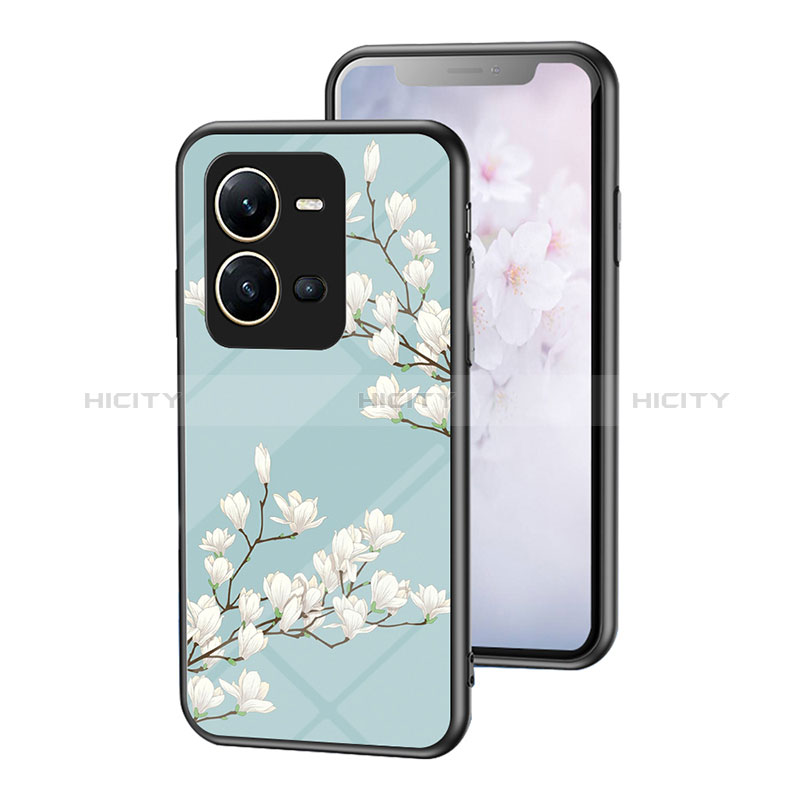 Coque Contour Silicone et Vitre Fleurs Miroir Etui Housse pour Vivo V25 5G Cyan Plus