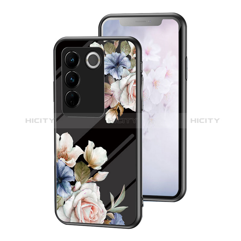 Coque Contour Silicone et Vitre Fleurs Miroir Etui Housse pour Vivo V27 Pro 5G Noir Plus