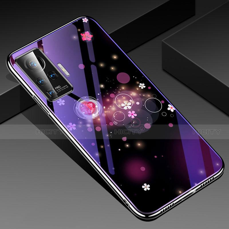 Coque Contour Silicone et Vitre Fleurs Miroir Etui Housse pour Vivo X50 Pro 5G Violet Plus