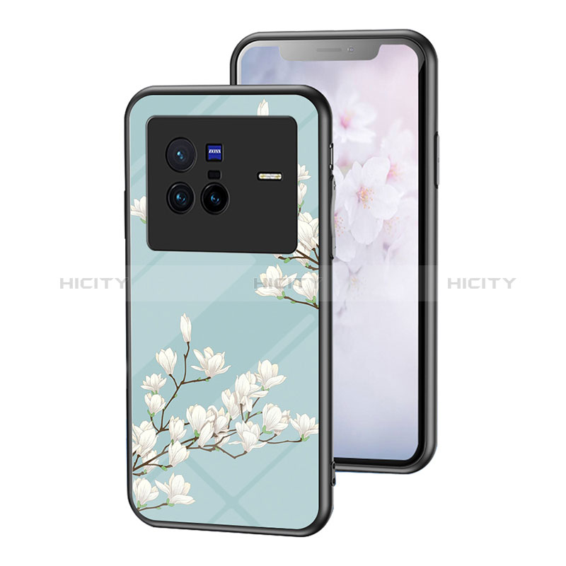 Coque Contour Silicone et Vitre Fleurs Miroir Etui Housse pour Vivo X80 5G Cyan Plus