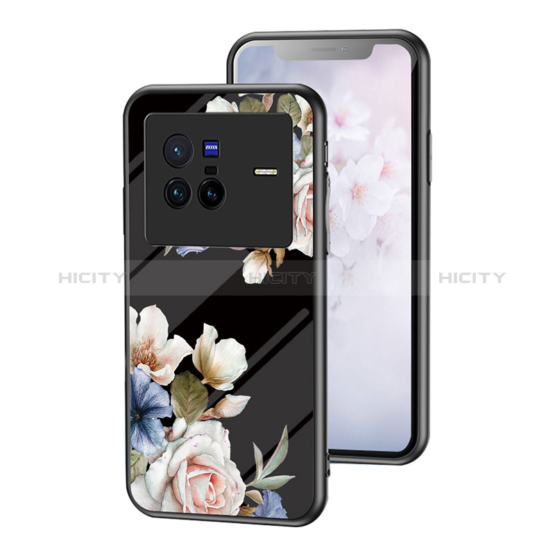 Coque Contour Silicone et Vitre Fleurs Miroir Etui Housse pour Vivo X80 5G Noir Plus