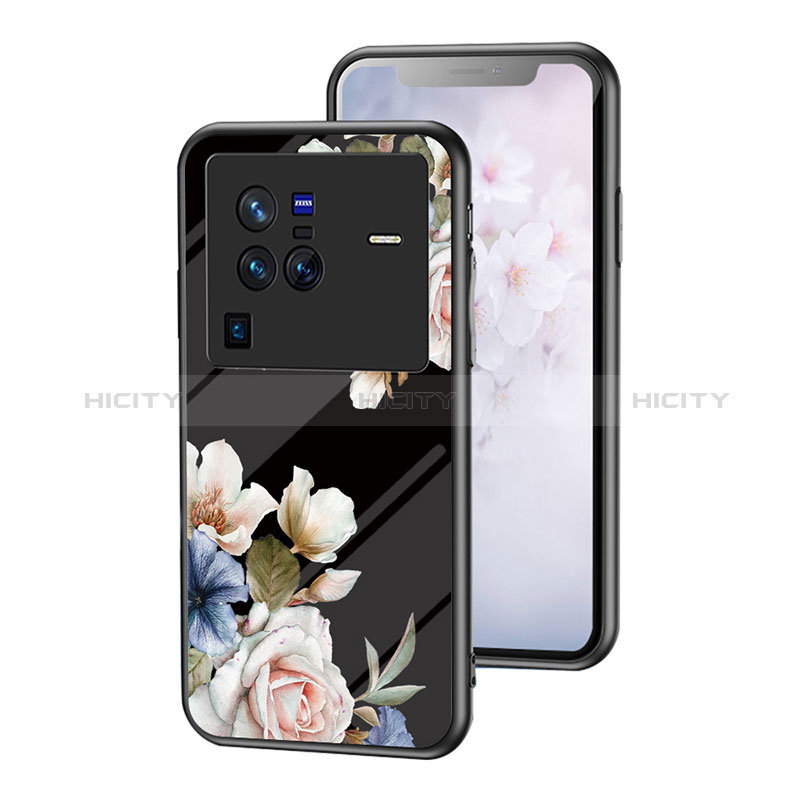 Coque Contour Silicone et Vitre Fleurs Miroir Etui Housse pour Vivo X80 Pro 5G Noir Plus