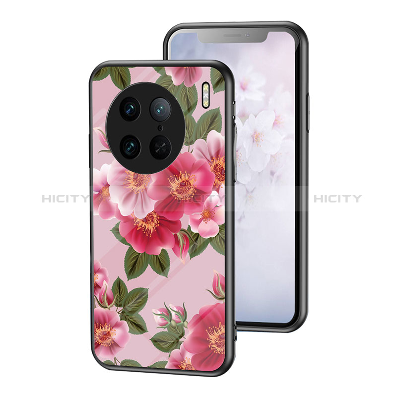 Coque Contour Silicone et Vitre Fleurs Miroir Etui Housse pour Vivo X90 Pro 5G Rouge Plus