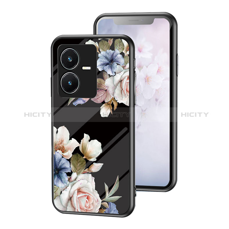 Coque Contour Silicone et Vitre Fleurs Miroir Etui Housse pour Vivo Y22 Noir Plus