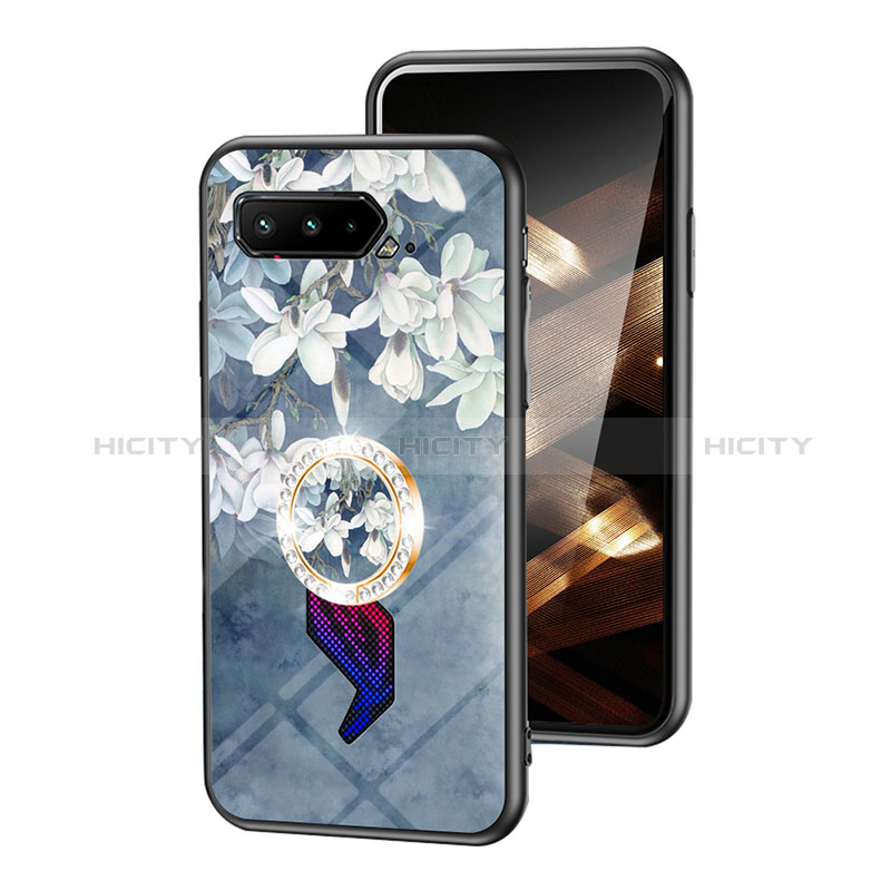 Coque Contour Silicone et Vitre Fleurs Miroir Etui Housse S01 pour Asus ROG Phone 5 Ultimate Bleu Plus