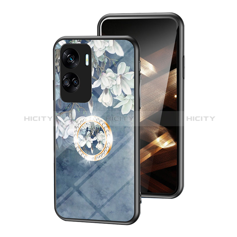 Coque Contour Silicone et Vitre Fleurs Miroir Etui Housse S01 pour Huawei Honor 90 Lite 5G Bleu Plus