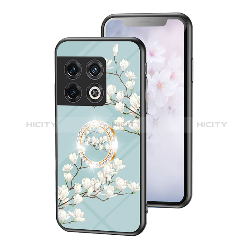 Coque Contour Silicone et Vitre Fleurs Miroir Etui Housse S01 pour OnePlus 10 Pro 5G Cyan Plus