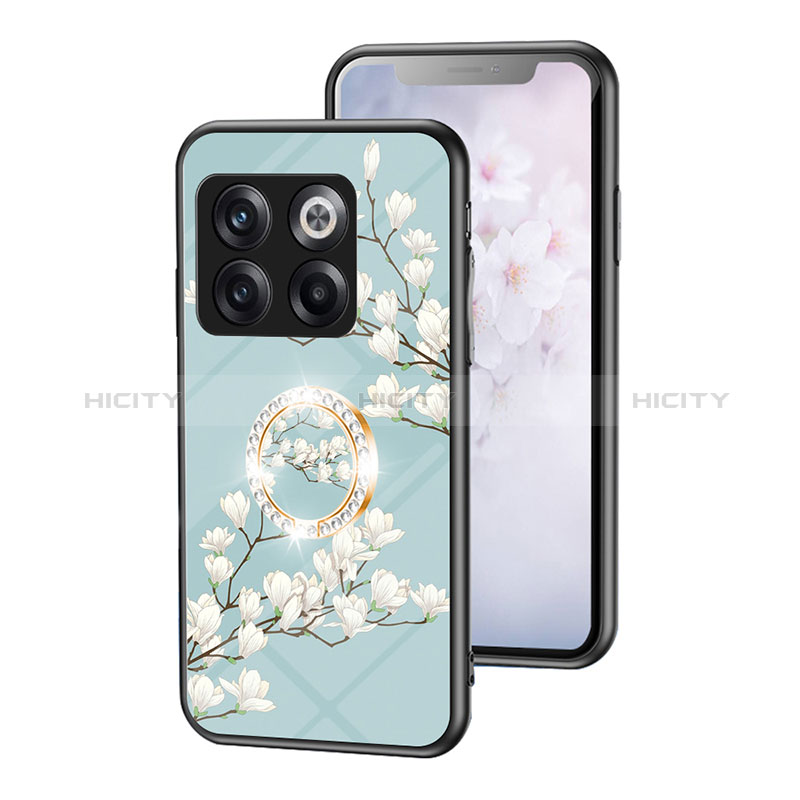 Coque Contour Silicone et Vitre Fleurs Miroir Etui Housse S01 pour OnePlus 10T 5G Cyan Plus