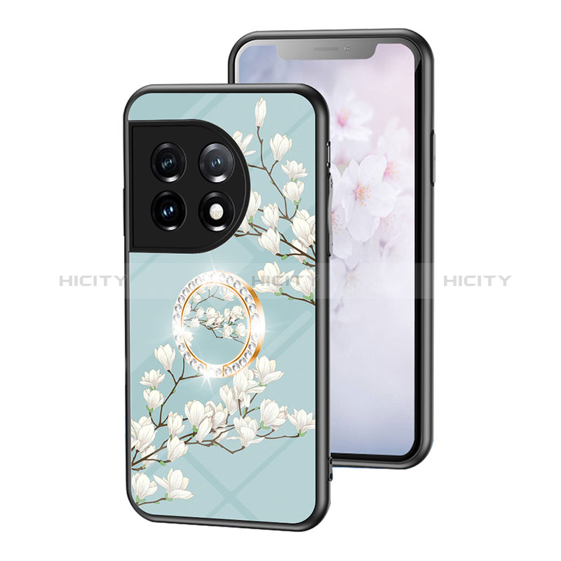 Coque Contour Silicone et Vitre Fleurs Miroir Etui Housse S01 pour OnePlus 11 5G Cyan Plus