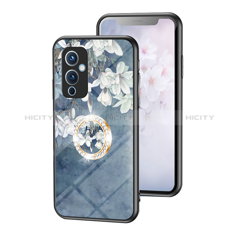 Coque Contour Silicone et Vitre Fleurs Miroir Etui Housse S01 pour OnePlus 9 5G Bleu Plus