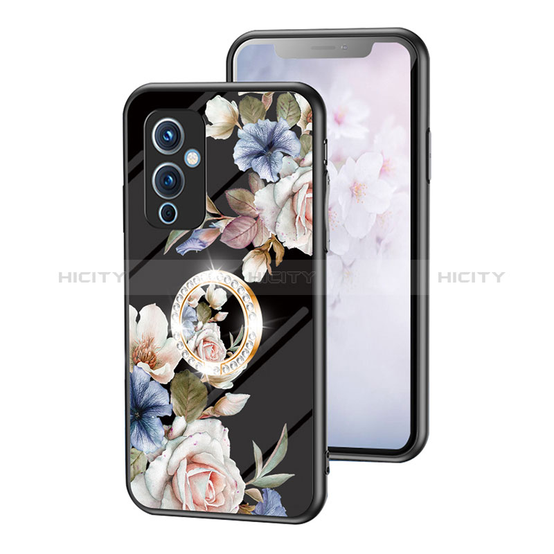 Coque Contour Silicone et Vitre Fleurs Miroir Etui Housse S01 pour OnePlus 9 5G Noir Plus