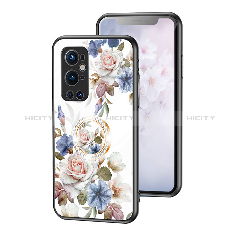 Coque Contour Silicone et Vitre Fleurs Miroir Etui Housse S01 pour OnePlus 9 Pro 5G Blanc Plus