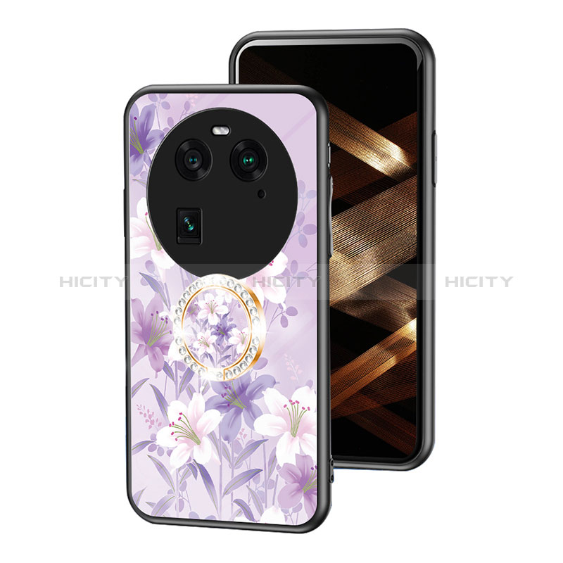 Coque Contour Silicone et Vitre Fleurs Miroir Etui Housse S01 pour Oppo Find X6 5G Violet Clair Plus