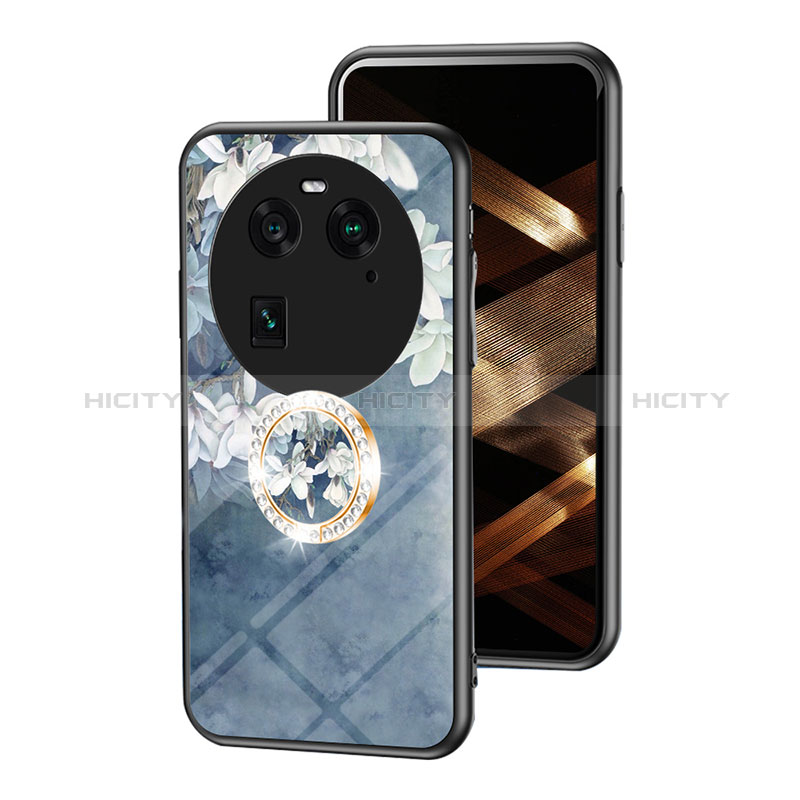 Coque Contour Silicone et Vitre Fleurs Miroir Etui Housse S01 pour Oppo Find X6 Pro 5G Bleu Plus