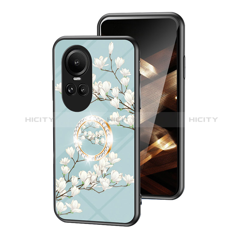 Coque Contour Silicone et Vitre Fleurs Miroir Etui Housse S01 pour Oppo Reno10 5G Cyan Plus