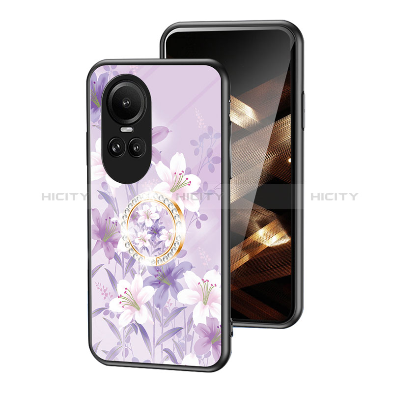 Coque Contour Silicone et Vitre Fleurs Miroir Etui Housse S01 pour Oppo Reno10 5G Violet Clair Plus