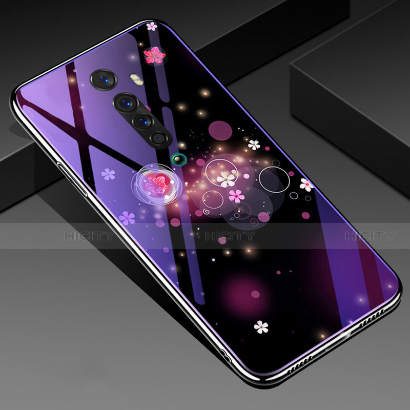 Coque Contour Silicone et Vitre Fleurs Miroir Etui Housse S01 pour Oppo Reno2 Violet Plus