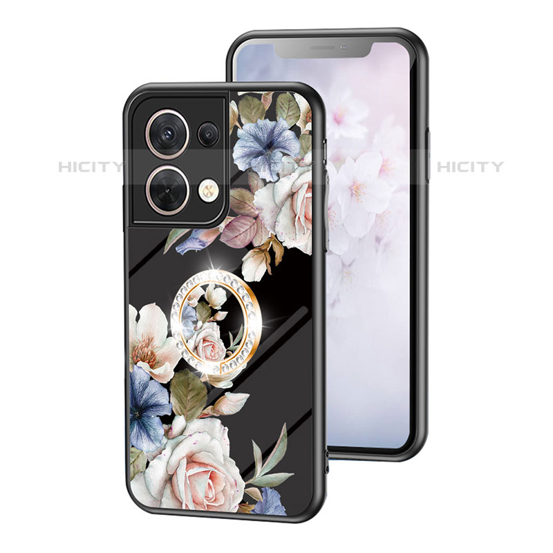 Coque Contour Silicone et Vitre Fleurs Miroir Etui Housse S01 pour Oppo Reno8 5G Noir Plus