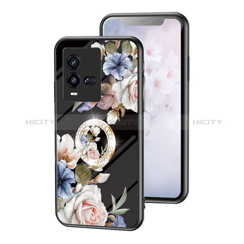 Coque Contour Silicone et Vitre Fleurs Miroir Etui Housse S01 pour Vivo iQOO 10 5G Noir Plus