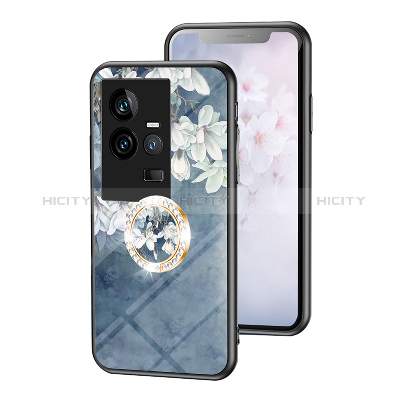 Coque Contour Silicone et Vitre Fleurs Miroir Etui Housse S01 pour Vivo iQOO 11 5G Bleu Plus