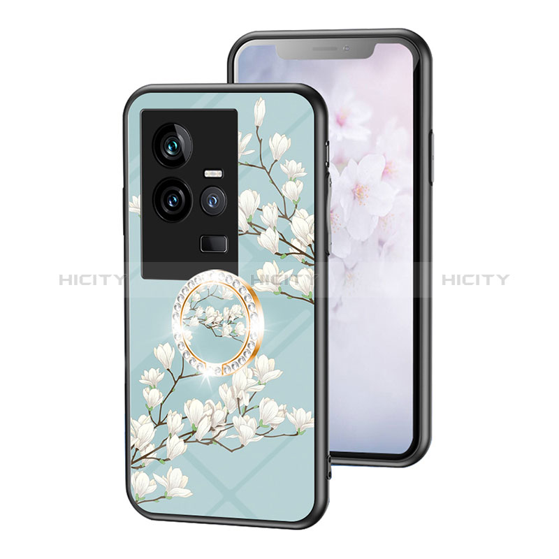 Coque Contour Silicone et Vitre Fleurs Miroir Etui Housse S01 pour Vivo iQOO 11 5G Cyan Plus