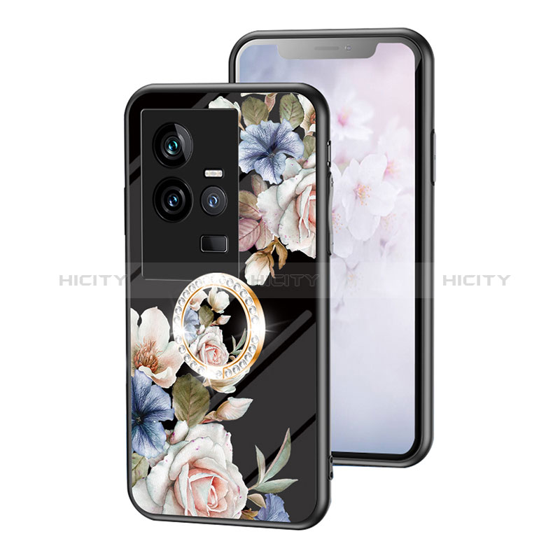 Coque Contour Silicone et Vitre Fleurs Miroir Etui Housse S01 pour Vivo iQOO 11 5G Noir Plus