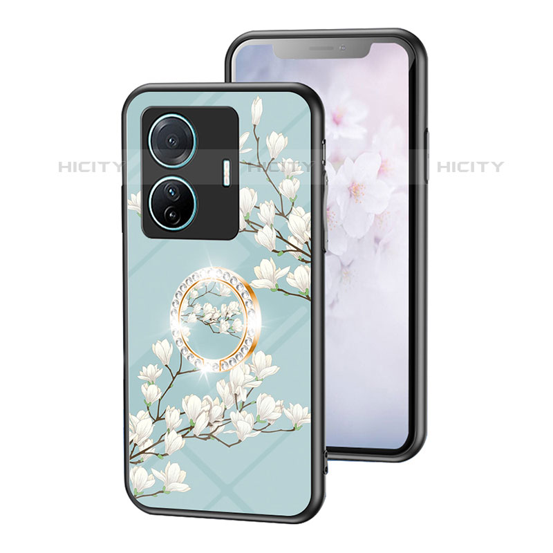 Coque Contour Silicone et Vitre Fleurs Miroir Etui Housse S01 pour Vivo iQOO Z6 Pro 5G Cyan Plus