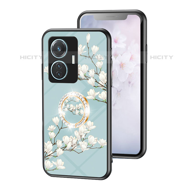 Coque Contour Silicone et Vitre Fleurs Miroir Etui Housse S01 pour Vivo T1 4G Cyan Plus